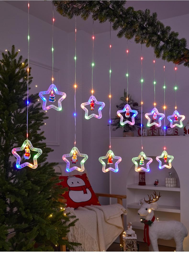 Frethind 100L Christmas Star Curtain Lights with Decorative Ornaments - 10 Star Hanging Loop Lights, 0.4/0.6m Height, 2m Power Cord, Perfect for Christmas Decoration, Suitable for Everyone