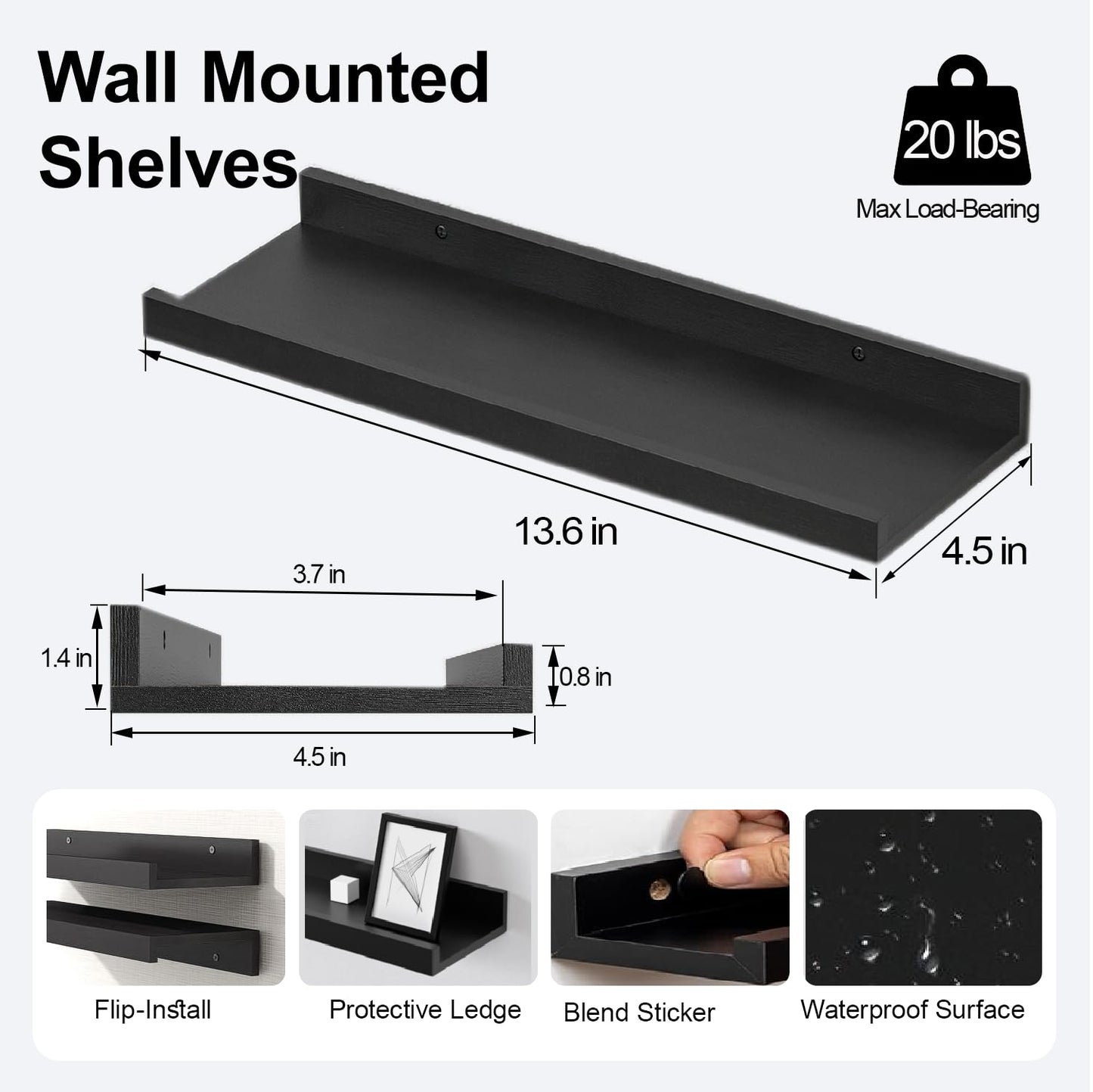Solrot Black Floating Shelves for Wall Decor, Wall Mounted Wood Storage Shelf for Bedroom, Living Room, Bathroom, Kitchen, Nursery, Display Picture Ledge Shelf with Lip Set of 2-14 Inches, Black
