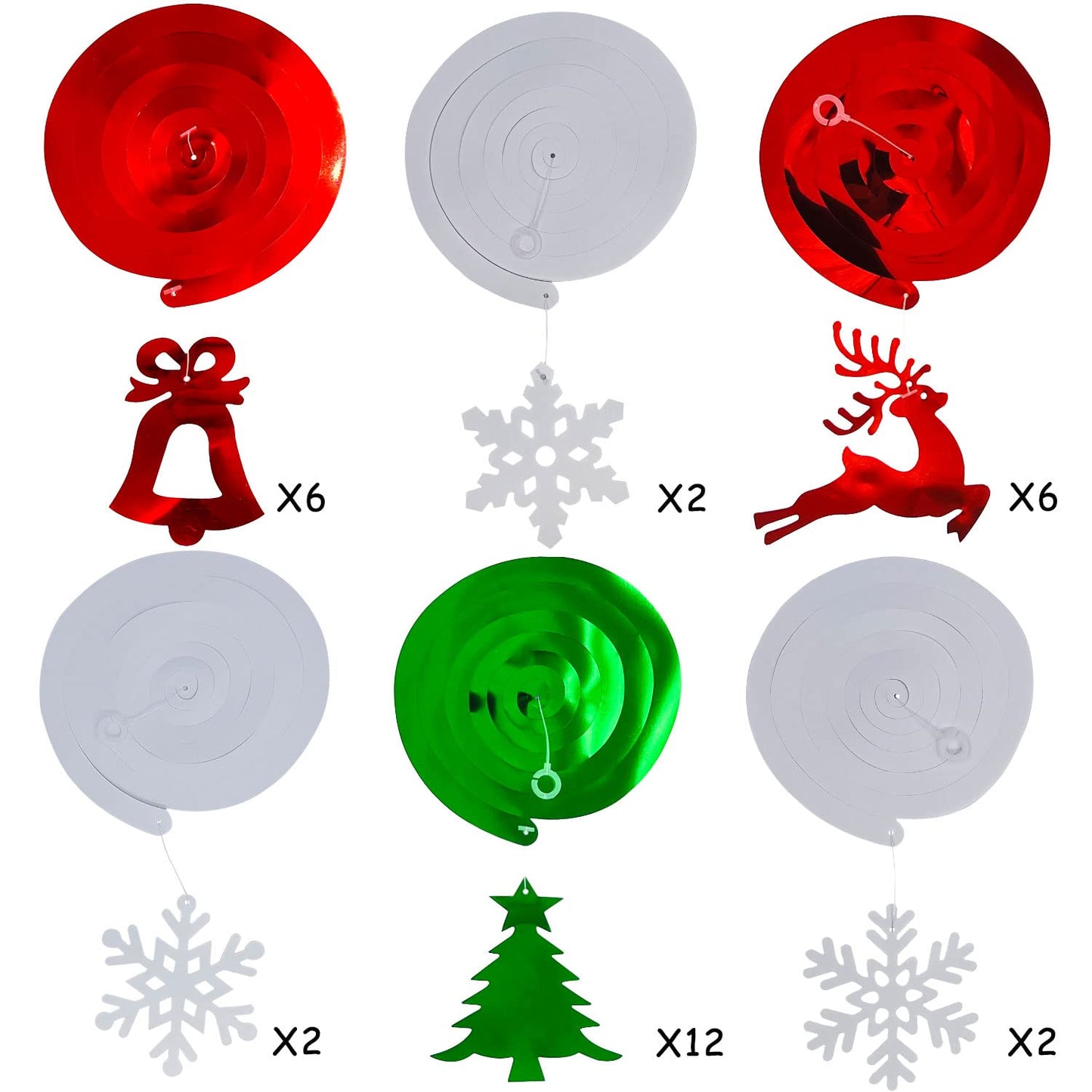Christmas Party Decorations Foil Hanging Ceiling Swirls (30Pcs Fully-Assembled) Christmas Reindeer Bell Christmas Tree Snowflake Swirls for Porch Home House Bar, Xmas Holiday Supplies Decorations
