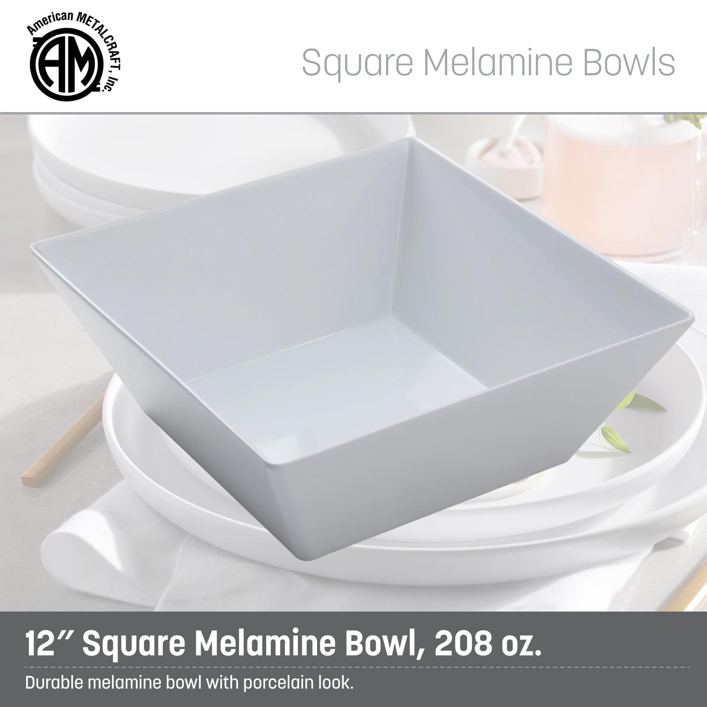American Metalcraft MELSQ117 Endurance Melamine 12" Square Bowl, 208-Ounce, White