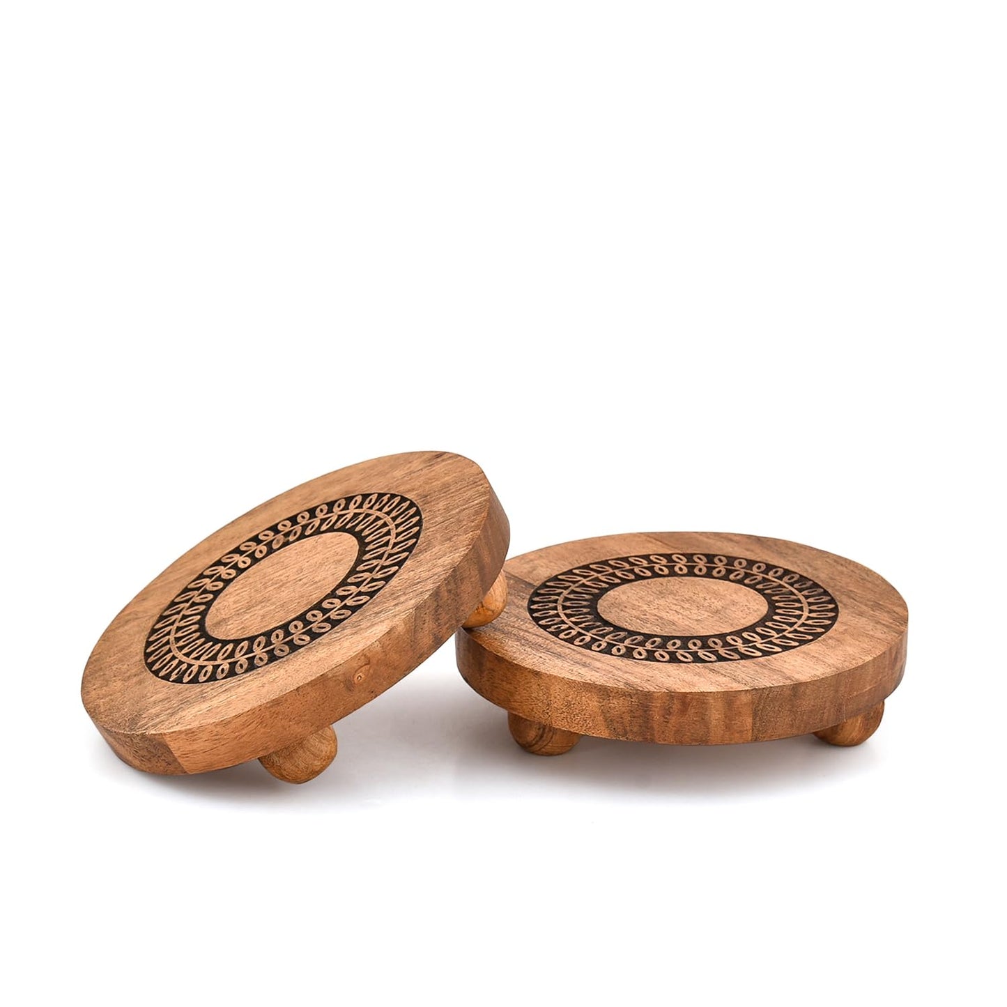 NIRMAN Pedestals Acacia Wood Round Set of 2 with Black Leaf Design Plant Stand, Farmhouse Countertop Organizer, Multi-Purpose Display (6" x 6" x 1.5")