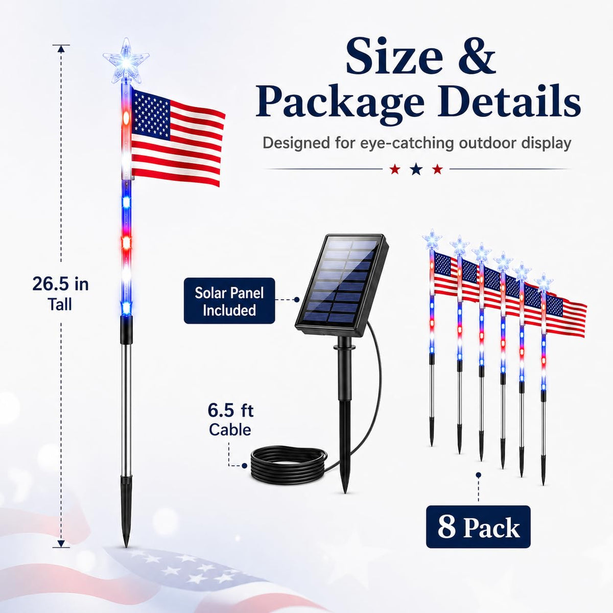 8 Pack Solar American Flag Pathway Lights, Patriotic Red White Blue Outdoor Stake Lights, Waterproof Solar LED Yard Garden Decorations for 4th of July, Independence Day