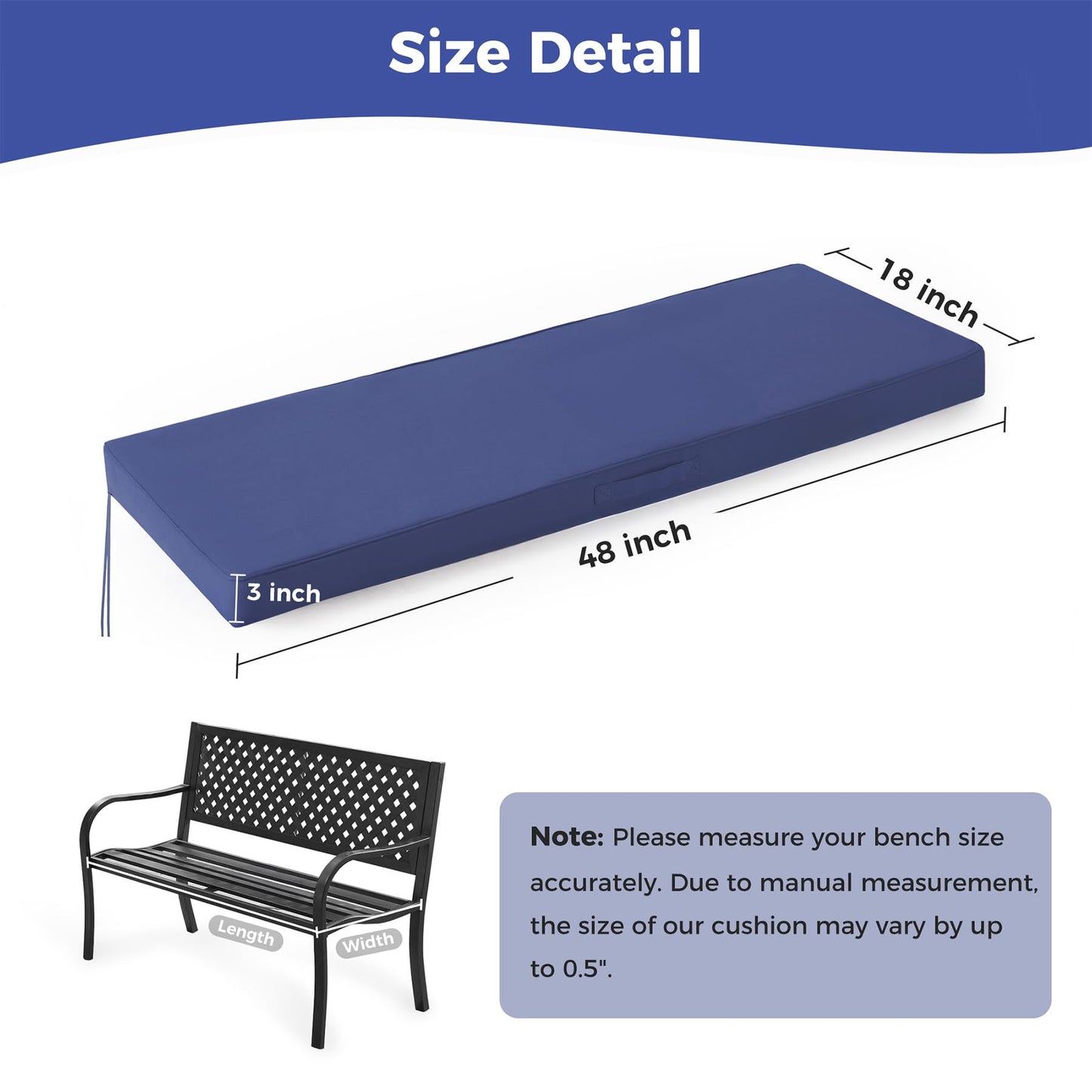 IPYNBAP Outdoor Bench Cushions for Outdoor Furniture, 48x18x3 Inch, Waterproof Bench Pillow, Fade Resistant Long Bench Seat Pads for Garden, Indoor, Porch Swing, Navy Blue