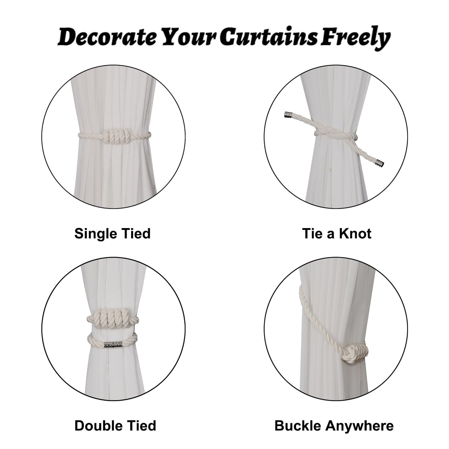 BEL AVENIR Magnetic Cotton Curtain Tiebacks, Decorative Drapery Holdbacks Modern Woven Tie-Backs with Exquisite Knot (Cotton, 2 Pack)