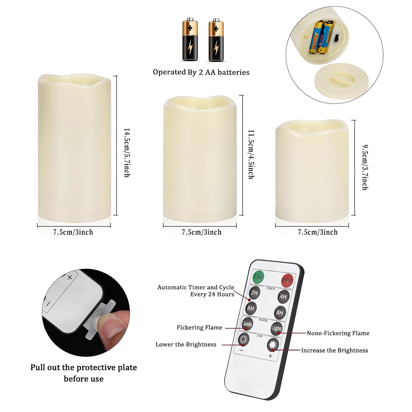 Flameless Candles 4" 5" 6" Set of 3 Ivory Outdoor Indoor Pillars 3" Diameter Battery Operated Flickering Candles Include 10-Key Remote Timer Function 400+ Hours Requires 2 AA Batteries（3 Pack)
