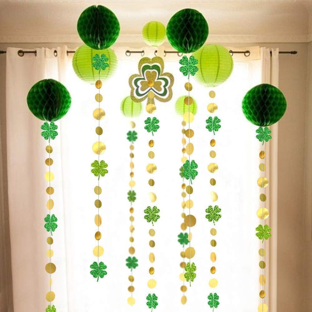 Cheerland St Patricks Day Decorations Green Shamrock Garland 4 Leaf Clover Glitter St Paddys Banner Hanging Streamers for Saint Patrick's Day Lucky One Birthday Irish Party Supplies Spring Decor 52Ft