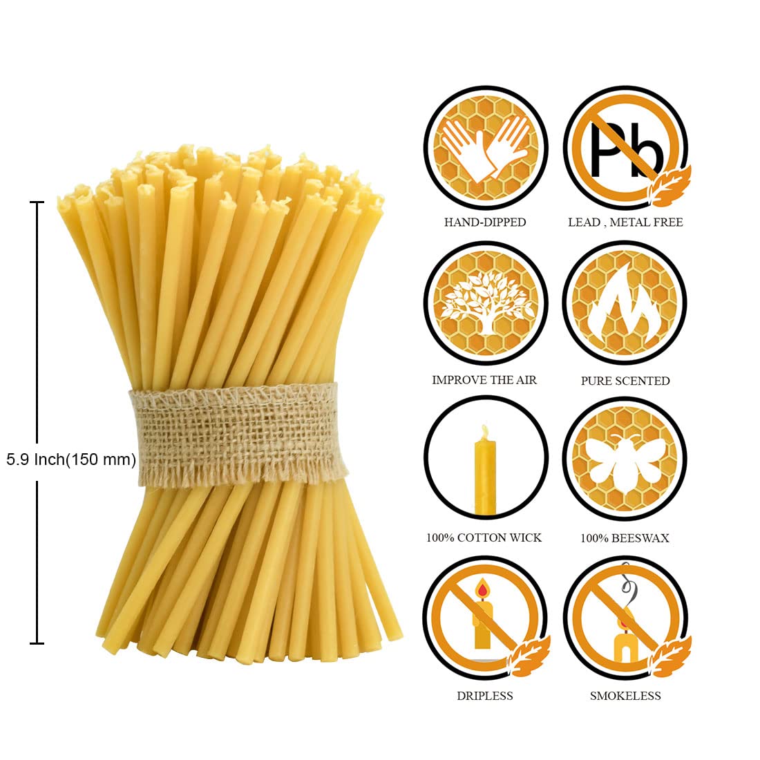 DEYBBY Beeswax Birthday Candles 100 Count Dripless and Smokeless Eco Taper Candles for Home, Dinner, Cake, Prayer, Church, Hanukkah, Christmas
