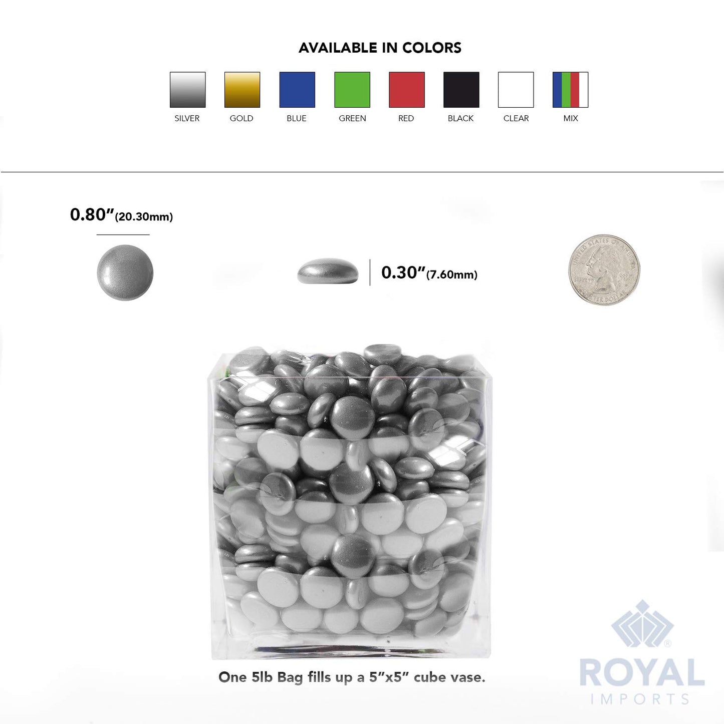 Royal Imports Glass Flat Marbles Stones Rocks, Party Table Scatter, Wedding Centerpieces Decor, Aquarium Pebbles, Vase Filler Gems, 5 LBS (Approx 500 pcs), Silver