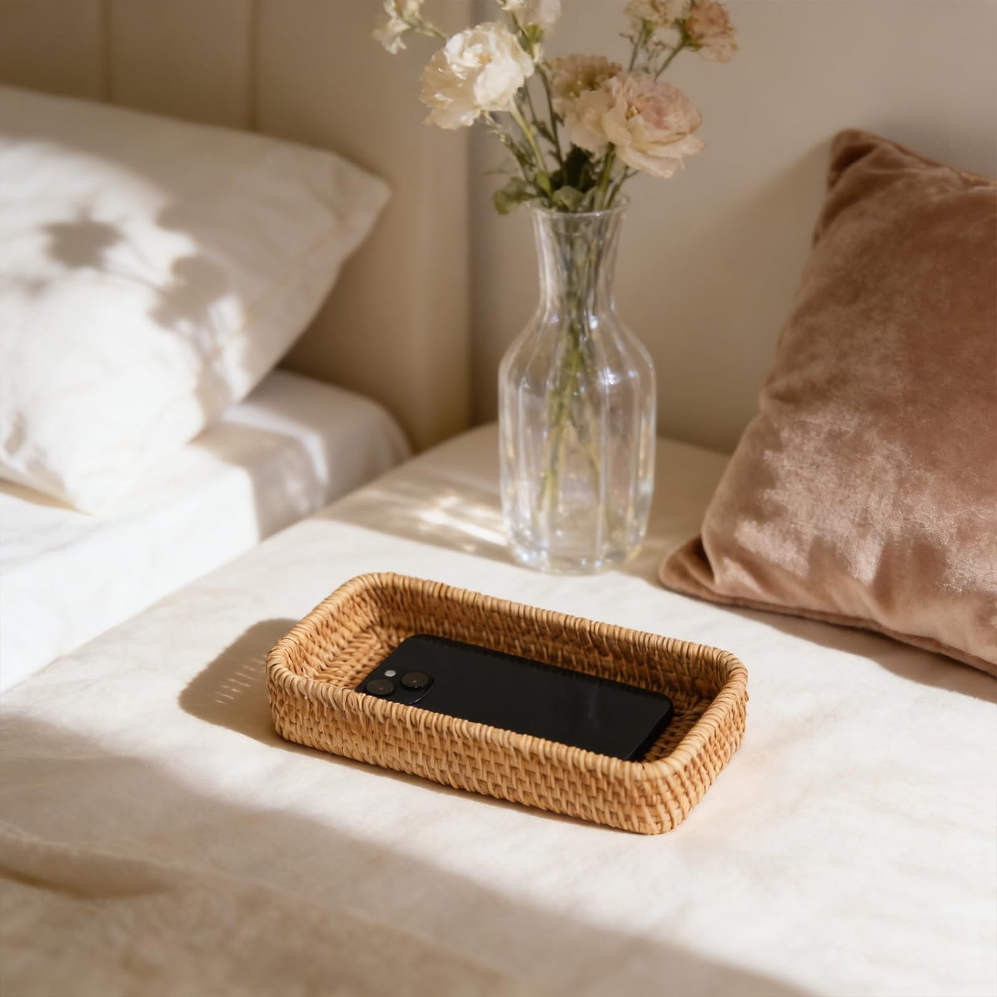 Small Rattan Serving Tray, Woven Rectangle Traykey Bowl for entryway, Natural Wicker Trays Key Bowl Decorative Baskets for Coffee Table, Kitchen, Bathroom