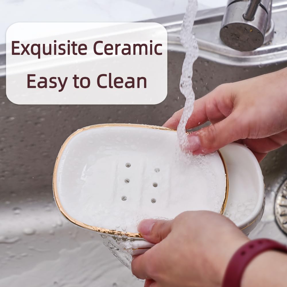 Self Draining Soap Dish, Double-Layer Bar Soap Tray, White Ceramic Soap Dish with Elegant Patterns (Style B)