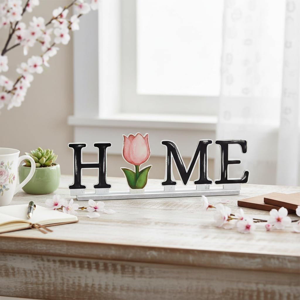 Smile Interchangeable Home Table Signs, Spring Easter Tulips Bunny with 10 Pcs Seasonal Icons, Wooden Sign Decor, HOME Letter Sign Ornaments Set Decorative Shelf Blocks