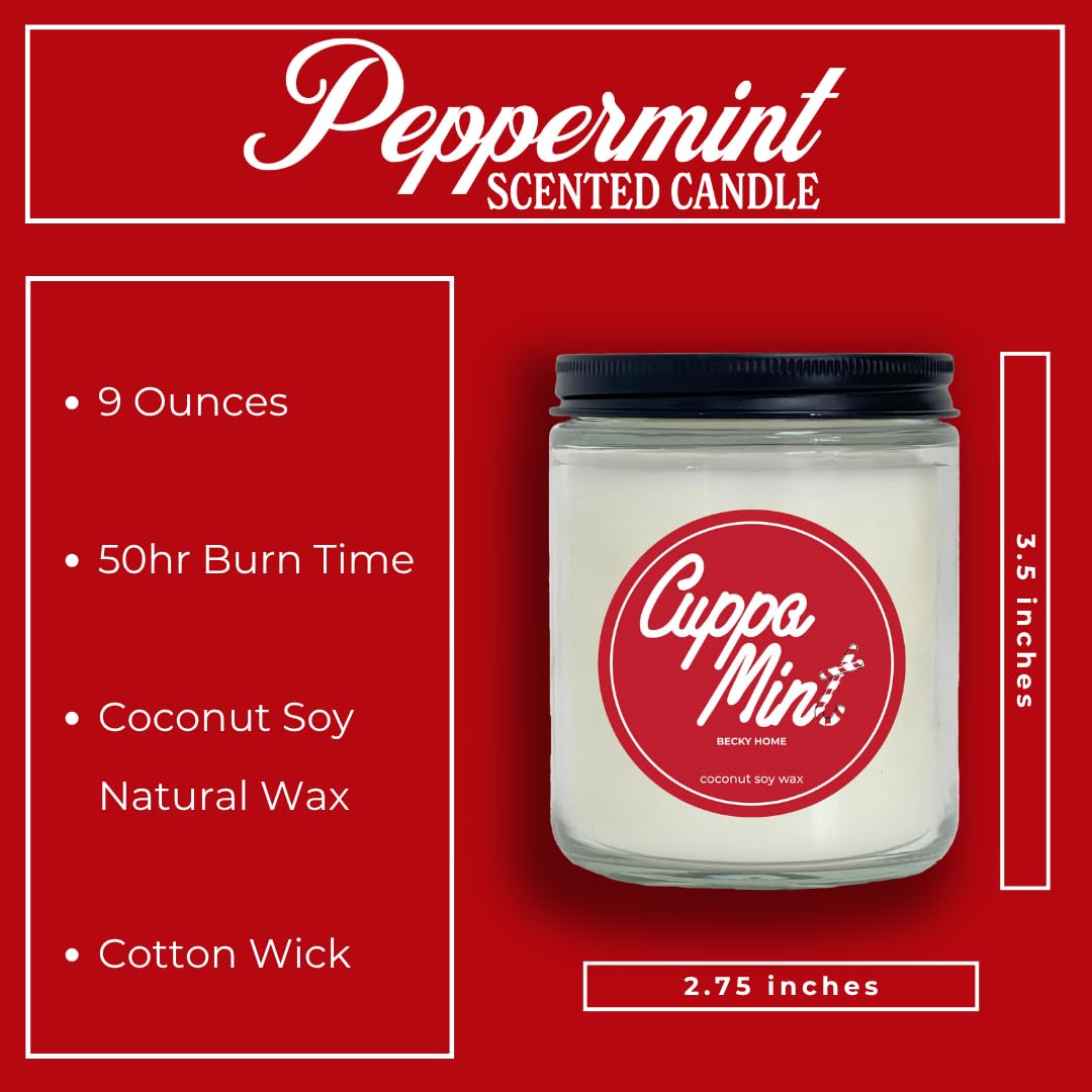 Becky Home Peppermint Candle, Christmas 9oz Jar, Holiday Home Accent, Candy Cane Aroma, Fresh Winter Scent, Seasonal Gift Candle for Men and Women
