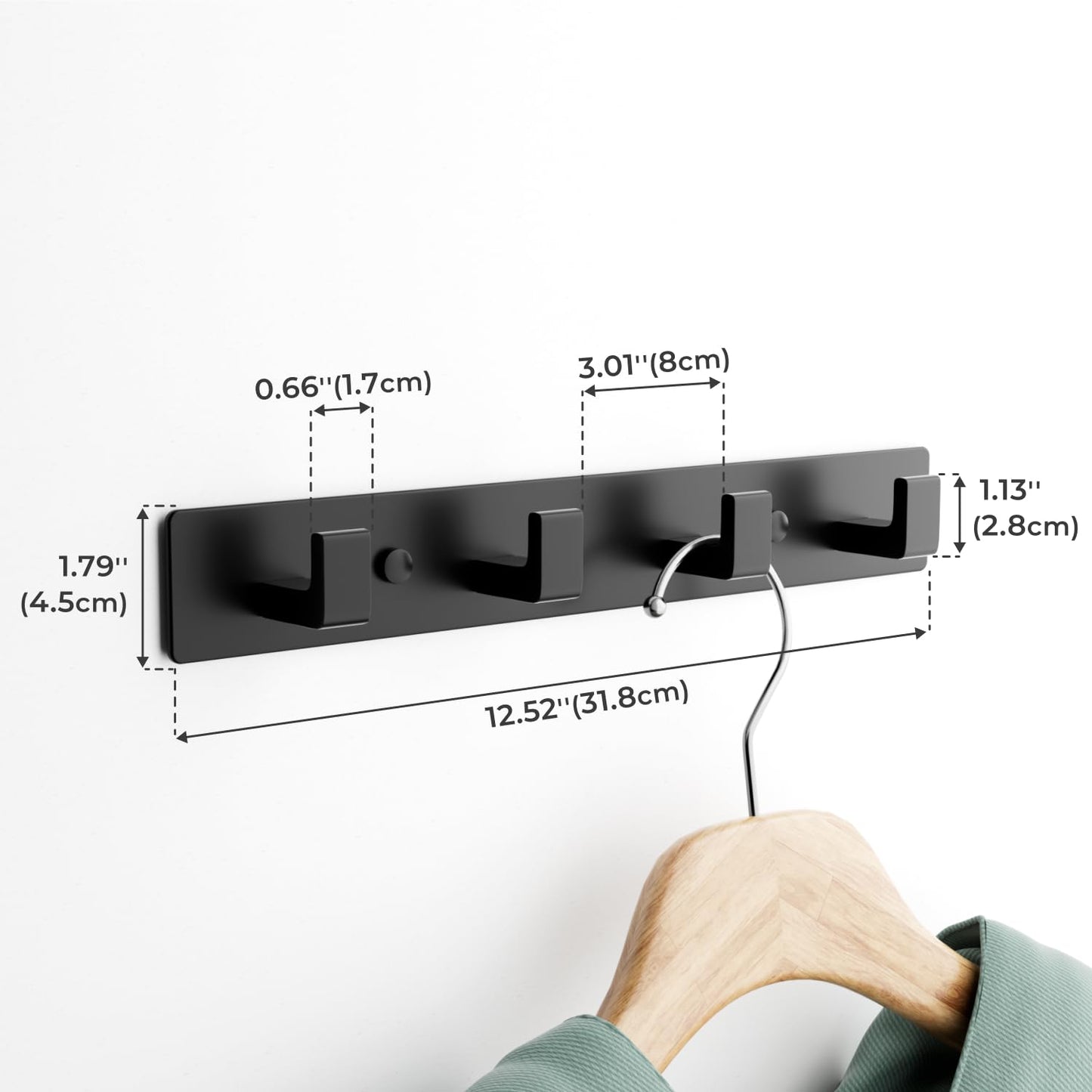 GWAAZXGZ Black Coat Rack Wall Mount - 12.5 inch Modern Metal Hook Rail with 4 Right-Angle Hooks, Drill-Mounted Organizer for Coats, Hats, Bags in Entryway, Bathroom, Bedroom (1 Pack)