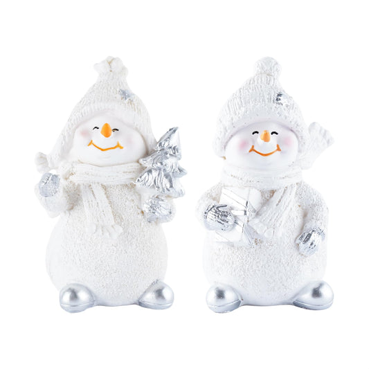Brizoria Snowman Figurines Set of 2 White Resin Christmas Decorations with Silver Accents Winter Mantel Decor and Holiday Centerpieces for Table Home Indoor Tiered Tray Room Display