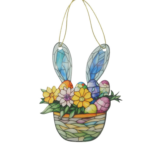 Floral Gifts for Women, Bunny in Flower Basket Acrylic Suncatcher, Faux Stained Glass Effect,Hanging Decoration for Window, Home, Cute, Whimsical Garden Suncatcher, Christmas Tree Decor