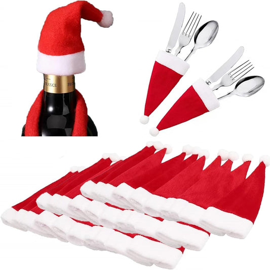 Tort-Mangou 30 Pcs Mini Santa Hats for Christmas Party, Table Dinner Decorations, Wine Bottle Covers and Silverware Holders - 2.36 x 4.72 Inch