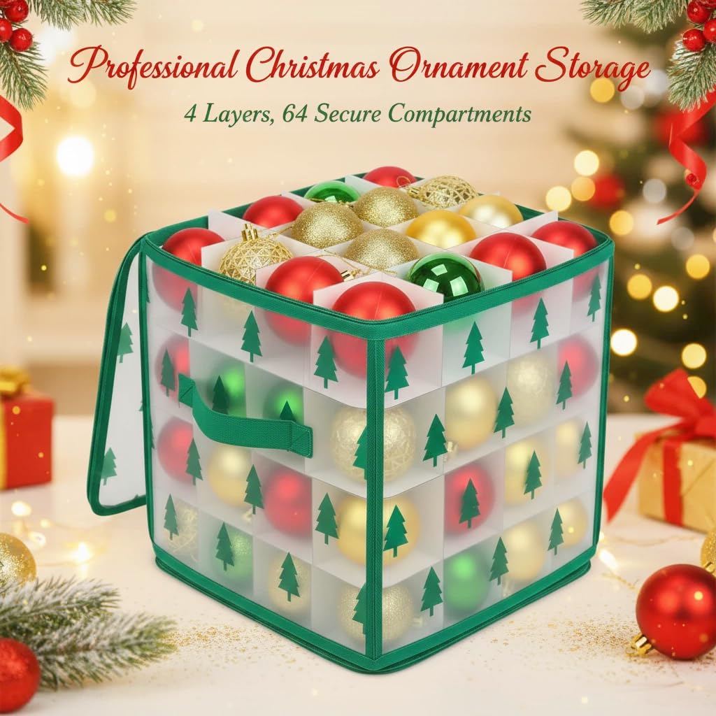 Christmas Ornament Storage Box, Christmas Tree Ornament Organizer, Hard Plastic Storage Container with Dividers, Clear Design Waterproof Case for 3" Seasons Balls