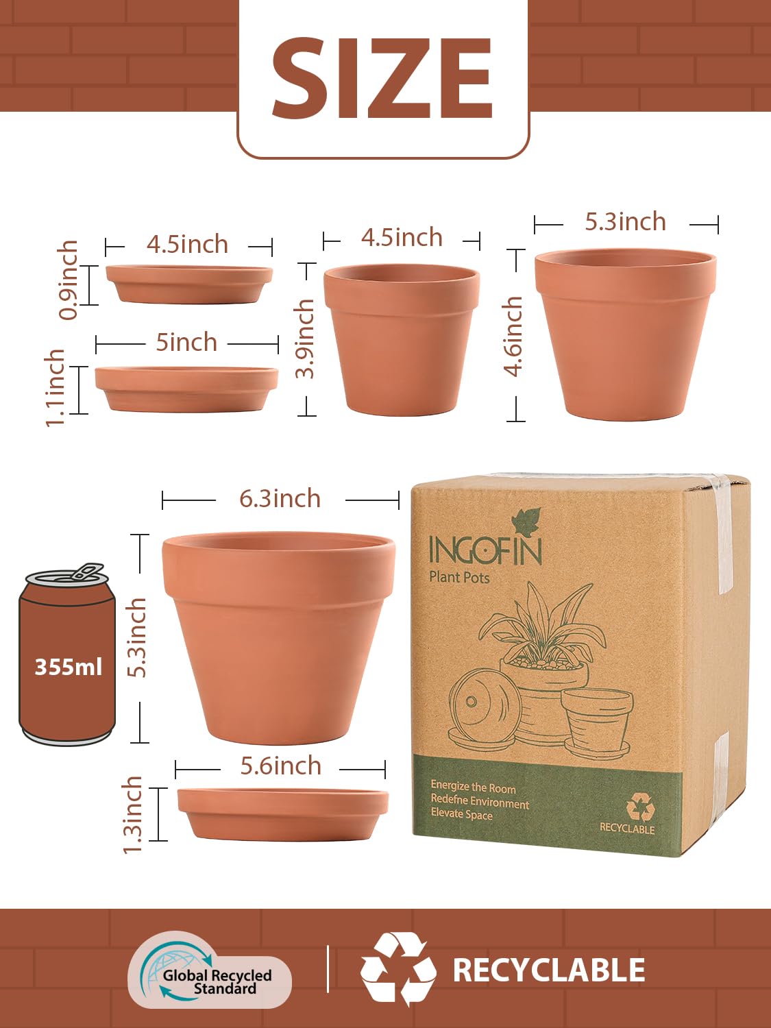 INGOFIN Terracotta Pots Set with Saucer - 5/6/7 inch Ceramic Clay Planters with Drainage Hole, Garden Flower Succulent Pots with Tray for Indoor Outdoor Plants, Set of 3