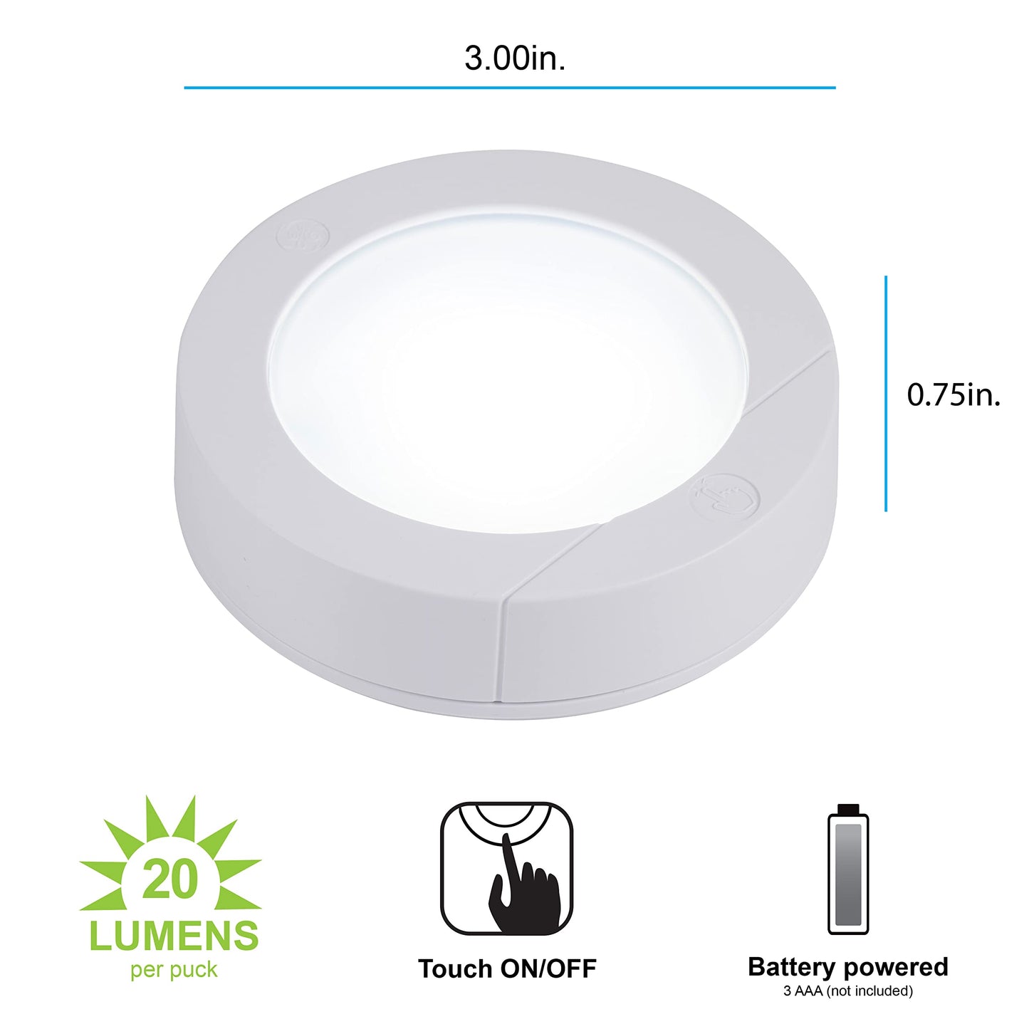 GE Wireless LED Tap-Lights, Battery Operated, 20 Lumens, Touch-Activated Puck Lights, Stick-On for Under Cabinet, Kitchen, Closet, or Garage, 2-Pack 25434
