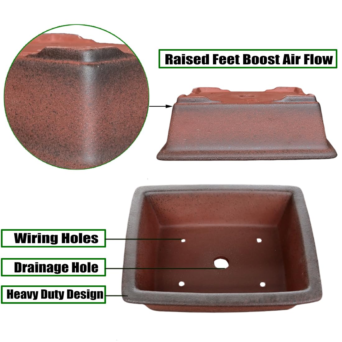MUZHI Decorative Ceramic Bonsai Planter Pot 8.5 Inch with Tray, Breathable Unglazed Rectangle Terracotta Clay Pot for Tree Succulent Cactus Indoor Outdoor Red Brown