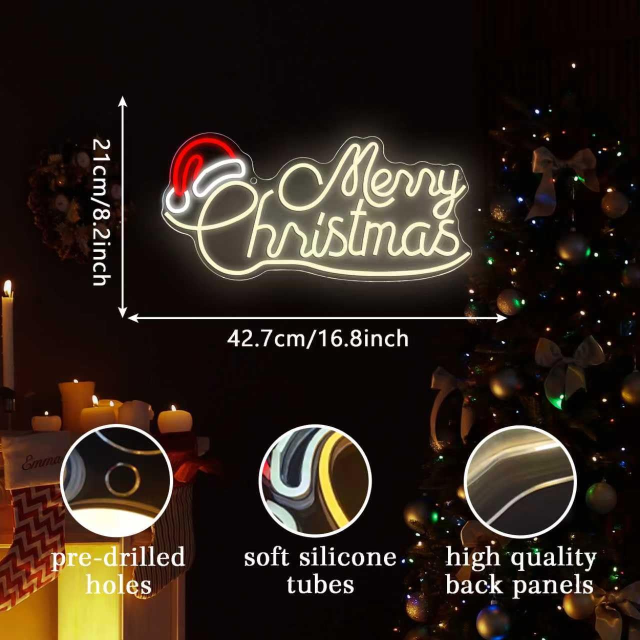 Allball Merry Christmas Neon Signs for Wall Decor, LED Santa Hat Neon Light USB Powered, for Christmas Party Gift Birthday Party Bar Living Room Bedroom Children'S Room Wall Decor(16.8 * 8.2 In)