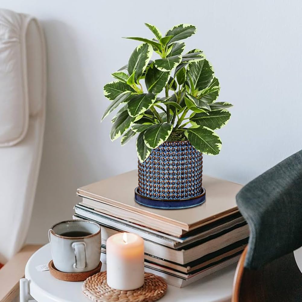 DILATATA Set of 2 Ceramic Planter Pots with Drainage Hole and Saucer, Round Flower Pot Hobnail Modern Planter Pots for Indoor & Outdoor Plants - 4 Inch & 6 Inch, Blue