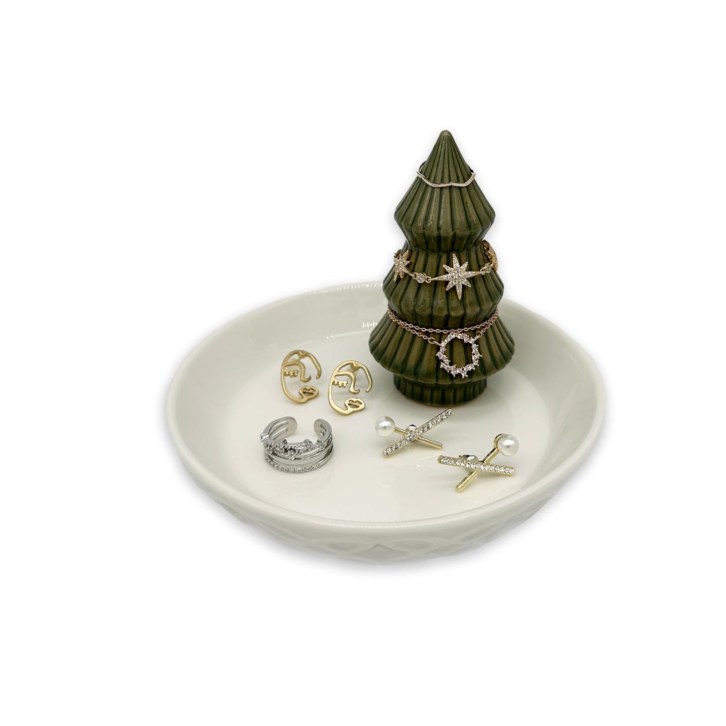 mono living Moss Green Christmas Tree Ring Dish - Ceramic Jewelry Holder for Kitchen Sink or Vanity - Aesthetic Sage Green Room Decor, Holiday Xmas Tree Trinket Tray, Christmas Gifts for Women