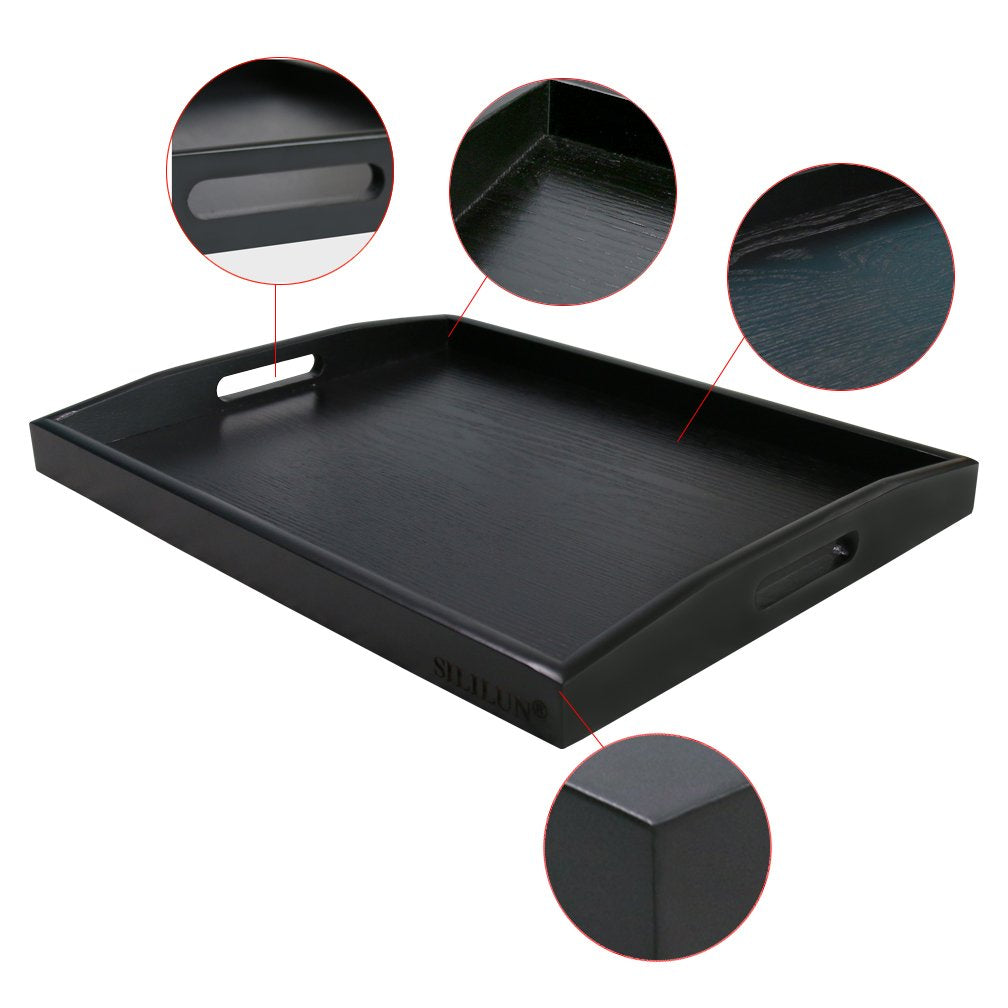 SILILUN Serving Tray Black Large Food Breakfast Wood Butler Tray with Handle 17.77 x 13.72 x 1.78