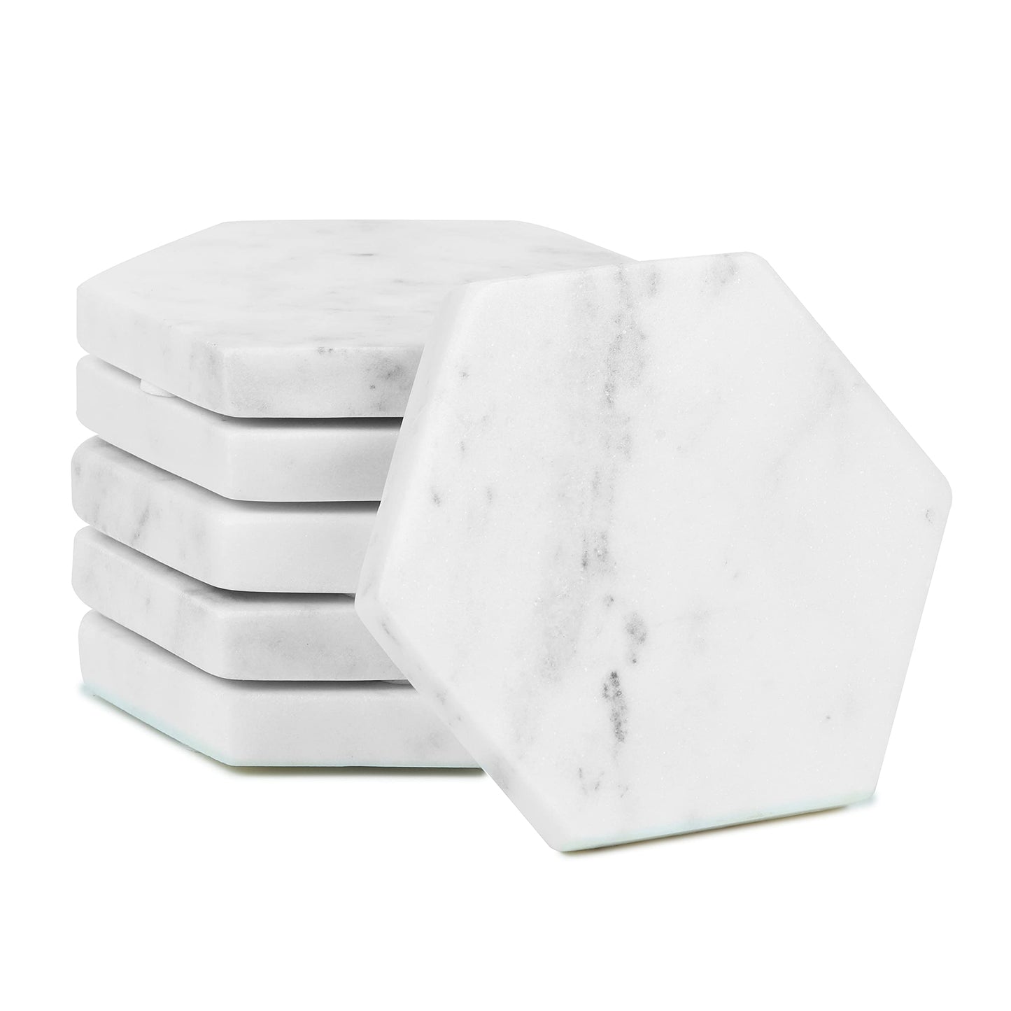 LAVAUX DESIGNS Set of 6 Hexagon Marble Coasters | White Decor for Modern Homes | Drink Coasters for Coffee Table, Dining, Bar or Office| Made from 100% Solid Real Marble | Cute Stone Coasters