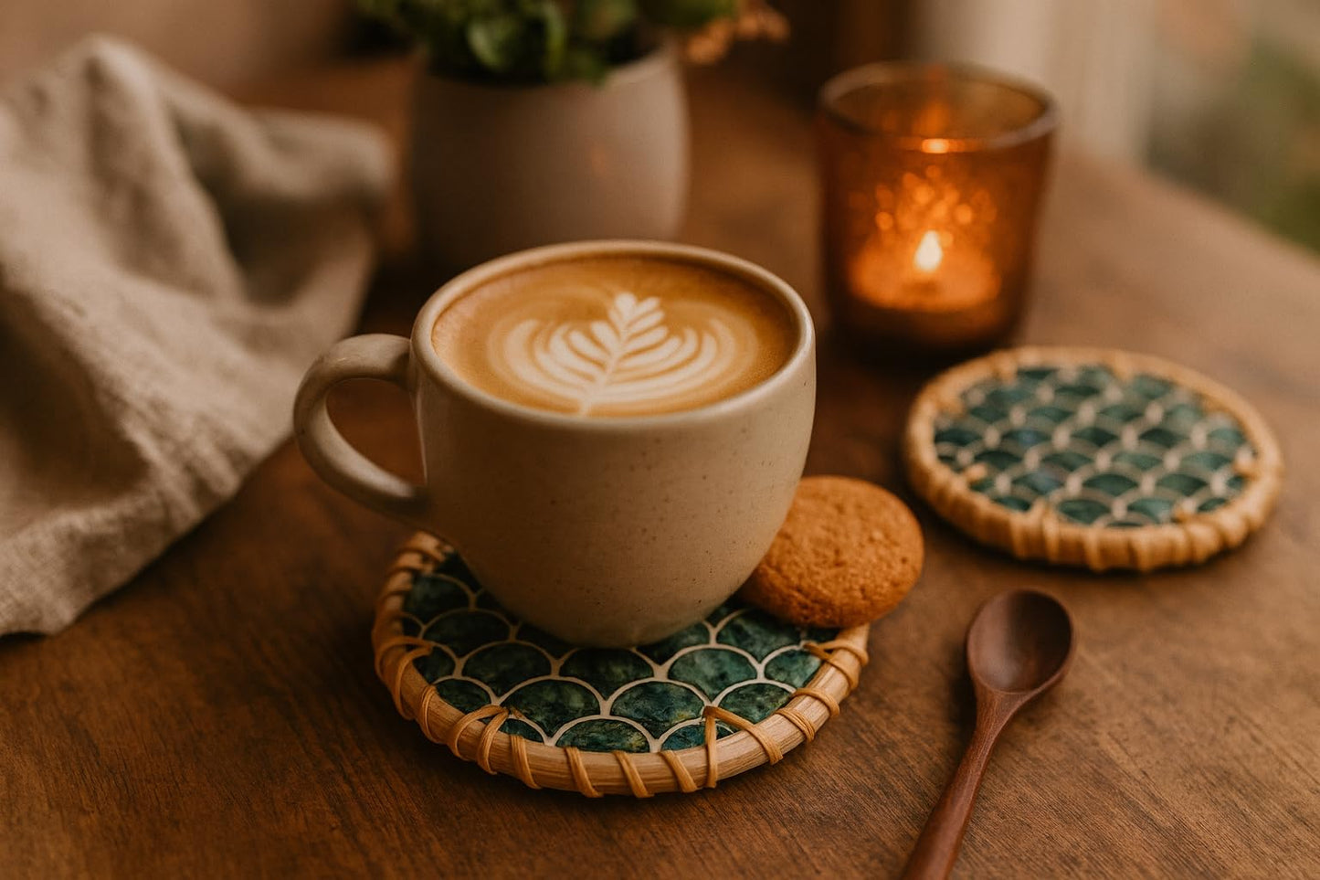 JUNGLE CULTURE Mother of Pearl Rattan Coasters for Drinks with Holder • Handmade Round Coaster Set of 6 • Sustainable Wicker Homeware • Coffee Table, Mugs, Glasses, Tiki Cups • Coastal Boho - Cascade