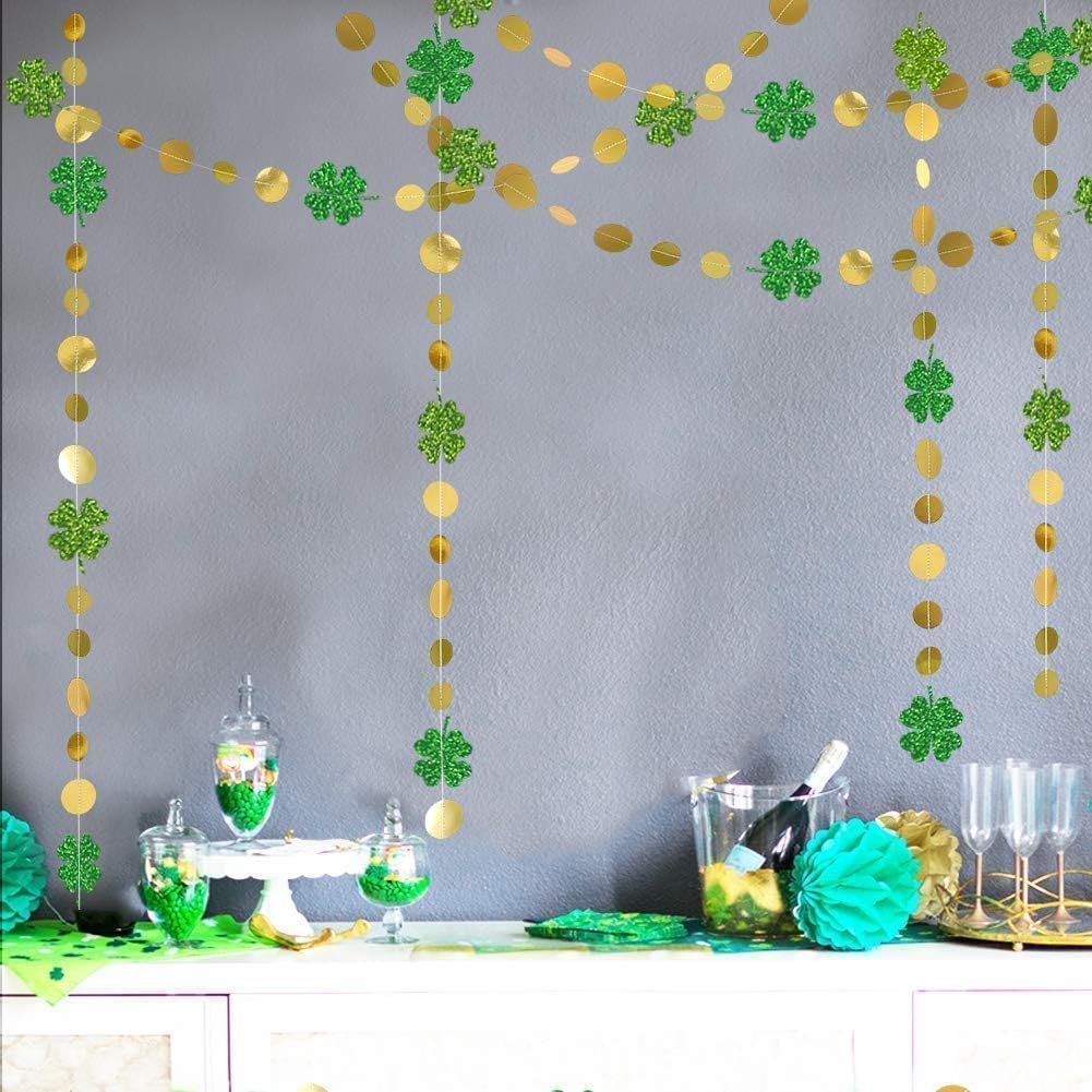 Cheerland St Patricks Day Decorations Green Shamrock Garland 4 Leaf Clover Glitter St Paddys Banner Hanging Streamers for Saint Patrick's Day Lucky One Birthday Irish Party Supplies Spring Decor 52Ft