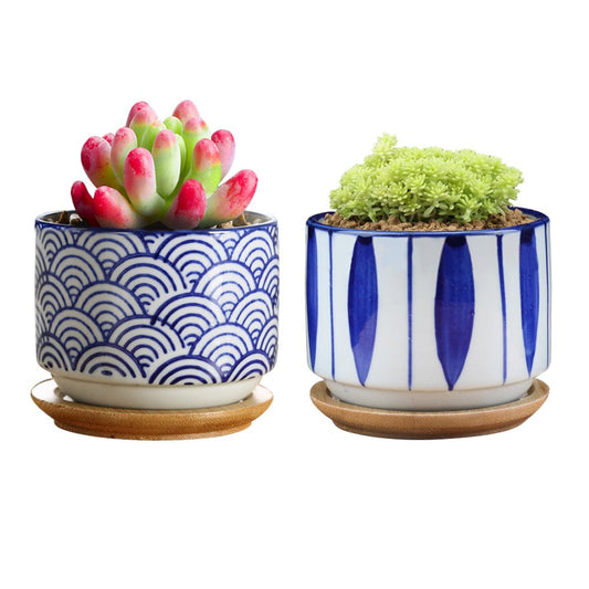 GeLive 3 Inch Ceramic Succulent Planter, Cactus Plant Pot, Flower Container with Bamboo Drip Tray, Indoor Outdoor, Set of 2 (Wave and Blue Flower)