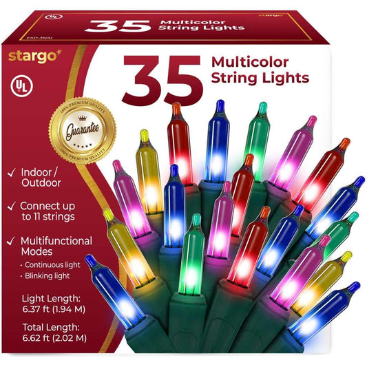 Warm Multi Color Christmas Lights - 6.3 ft String of 35 Incandescent Mini Bulbs Multifunctional Lighting Modes, for Decorative, Bedroom, Outdoor, Xmas Twinkle Tree Lights with Green Wire Total 6.6 ft