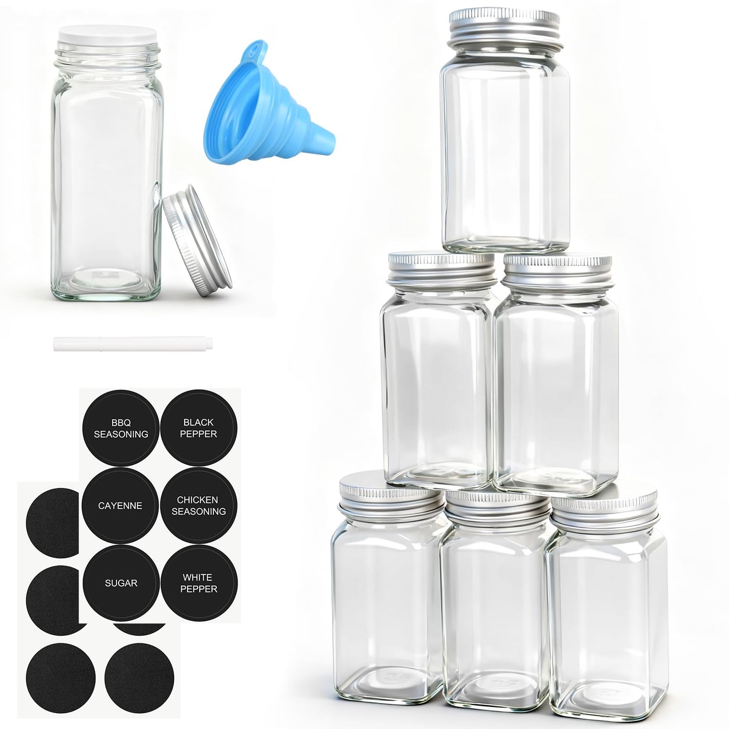 DkOvn 6pcs Glass Spice Jars, 4oz Empty Spice Jars with Metal Caps, Labels, Shaker Lids, Collapsible Funnel, Chalk Pen, Seasoning Organizer for Spice Rack