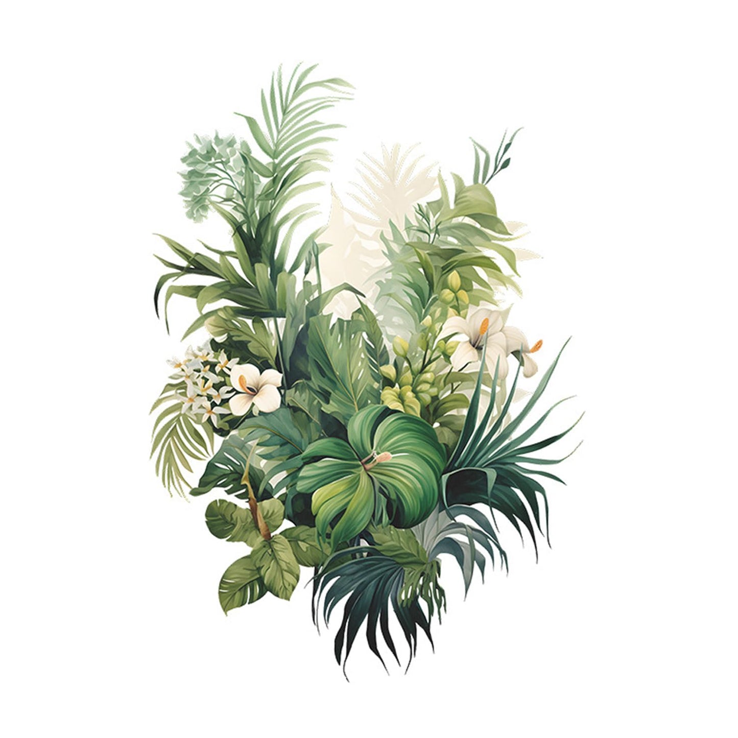 Tropical Plants Wall Decal, Peel and Stick Vinyl Stickers, Green Leaves and White Flowers, 22.4x15.7 inches