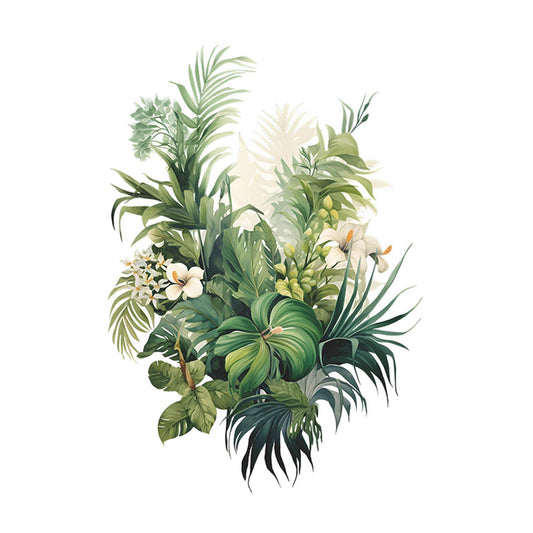 Tropical Plants Wall Decal, Peel and Stick Vinyl Stickers, Green Leaves and White Flowers, 22.4x15.7 inches