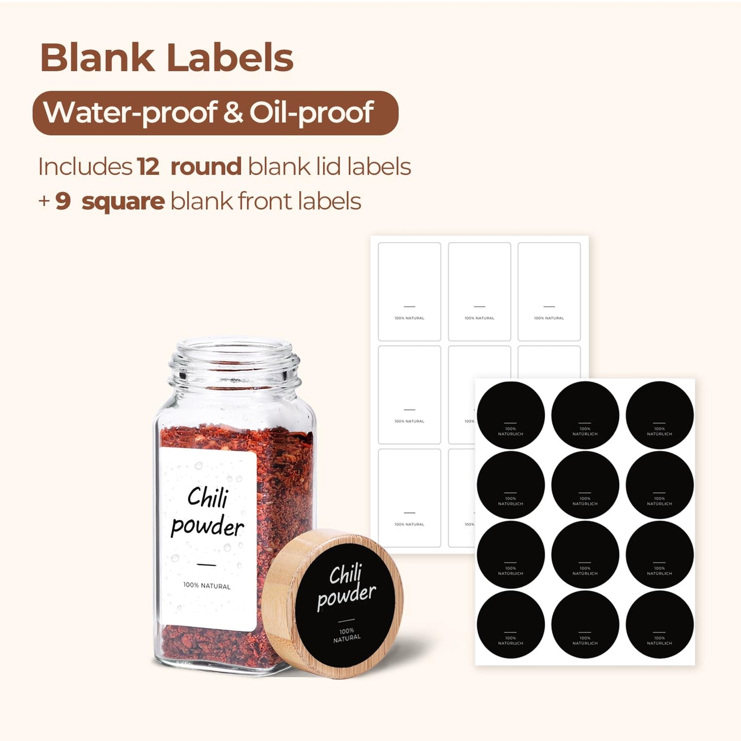 ComSaf 4 oz 6Pcs Glass Spice Jars with Label, Empty Spice Containers with Bamboo Lids, Square Seasoning Containers Trial and Supplement Set, Small Seasoning Bottles for Salt, Herbs, Sugar, Pepper