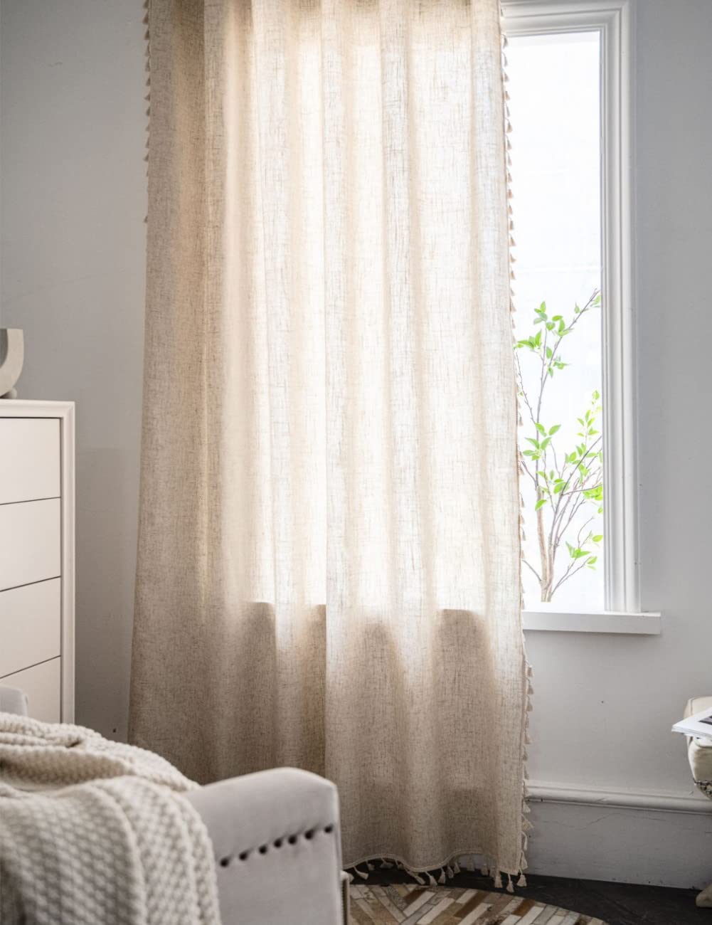 AMZALI Cotton Linen Textured Curtains with Tassel Semi-Blackout Drapes Farmhouse Window Curtain Panels Rod Pocket Curtain for Living Room Bedroom One Panel 84 Inch Length