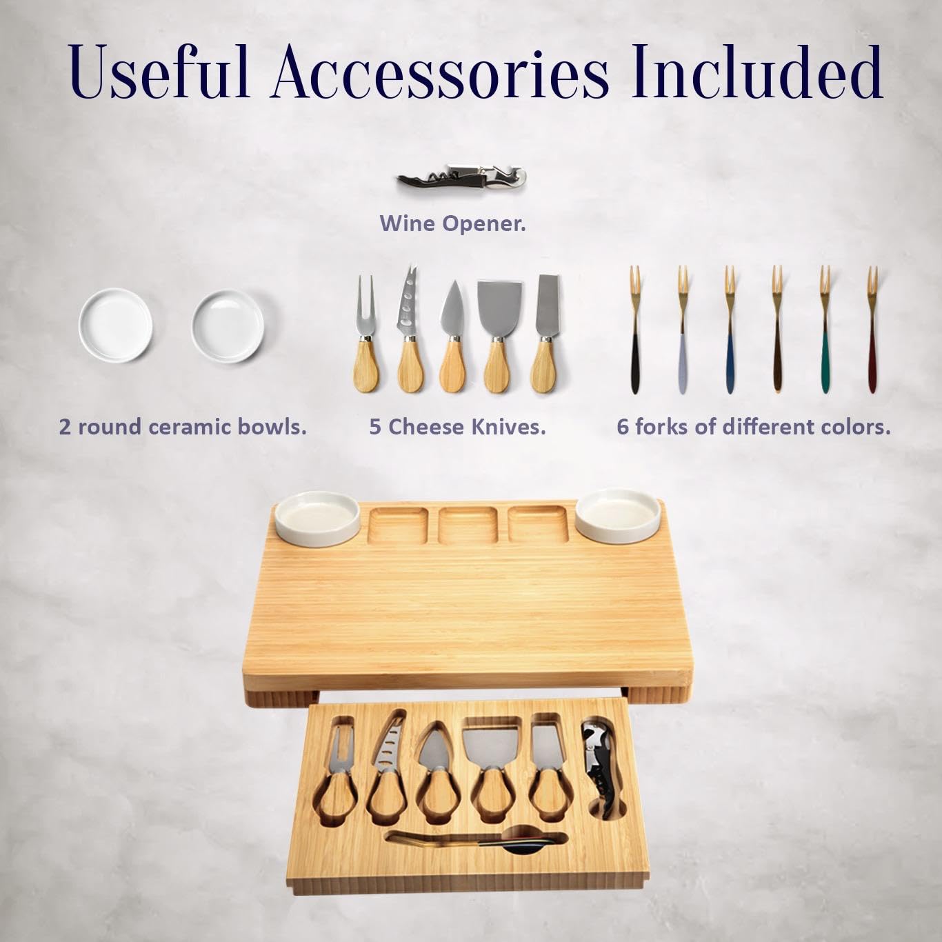 Charcuterie Board and Cheese Board Set with Knives, Bowls, Color Forks & Wine Opener – Premium Appetizer Platter with Compartments, Eco Friendly Charcuterie Accessories for Stylish Hosts.