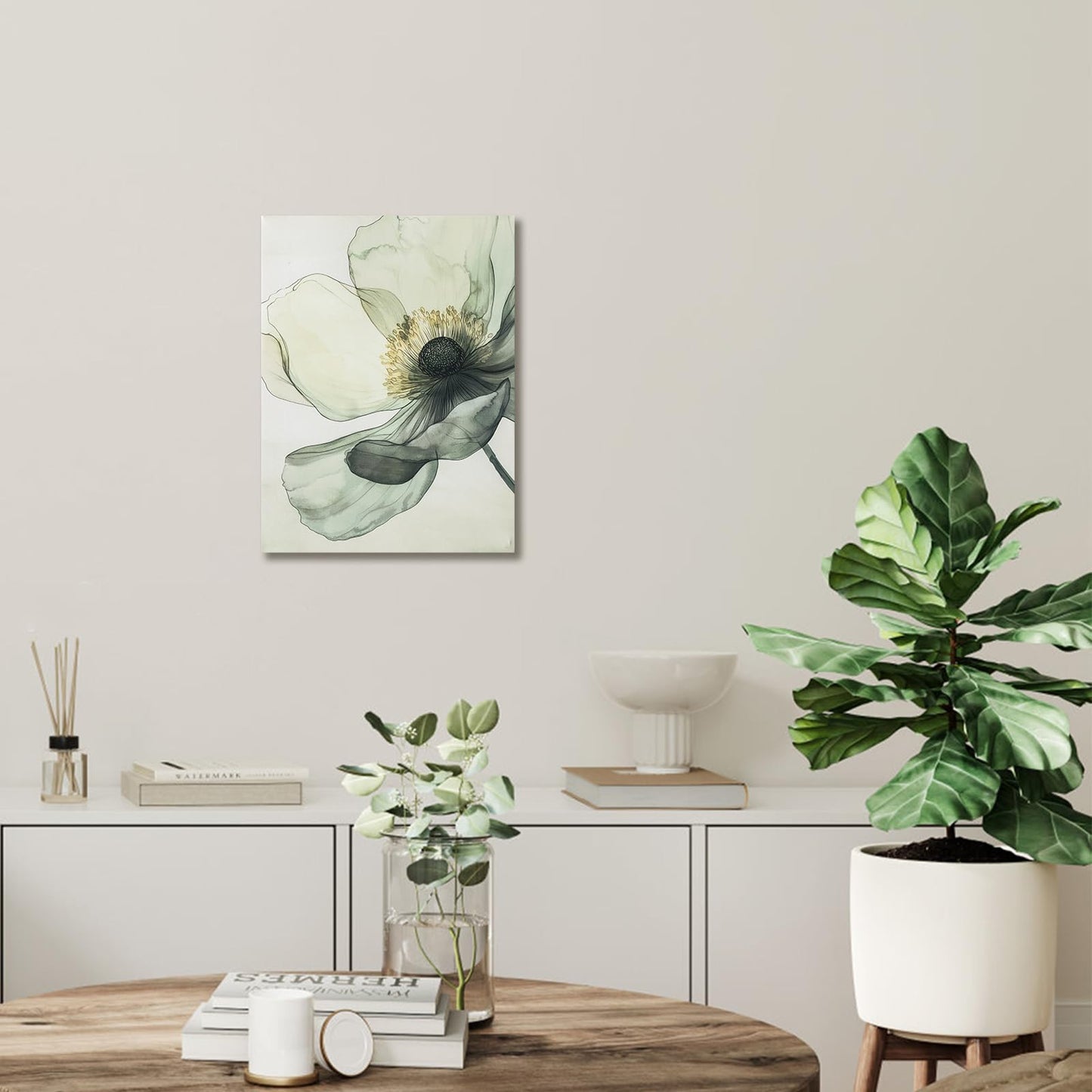 Sage Green Wall Art, flower pictures wall decor, Minimalist Modern Gold Green Canvas Artwork Paintings, Boho aesthetic canvas wall art for bedroom Bathroom Living room Office Decorations,12"x16"