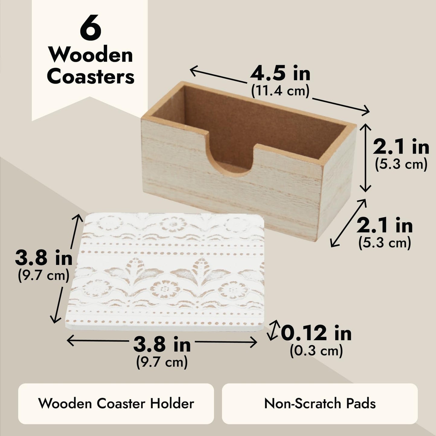 Juvale Wooden Coasters Set of 6-3.8 in, White, Square, Farmhouse Style - Coaster Holder for Coffee Table & Bar Decor - Kitchen & Living Room Decor
