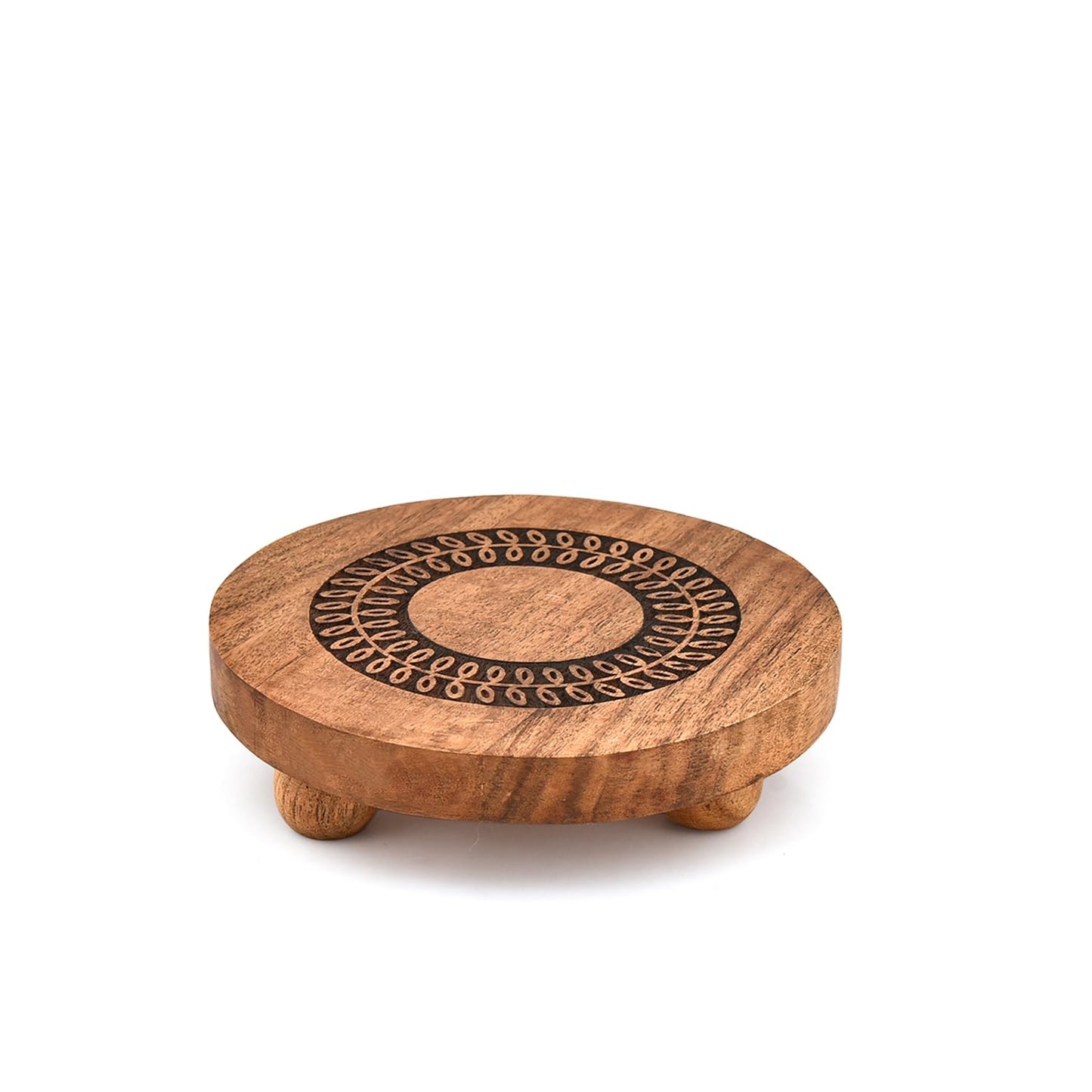 NIRMAN Pedestals Acacia Wood Round Set of 2 with Black Leaf Design Plant Stand, Farmhouse Countertop Organizer, Multi-Purpose Display (6" x 6" x 1.5")