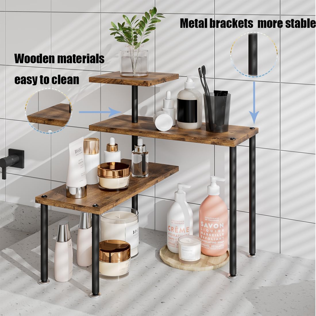 Dazioter Countertop Organizer Organization 3 Tier Kitchen Corner Shelves Adjustable Spice Storage Rack for Bathroom Coffee Area Over Sink (Black)