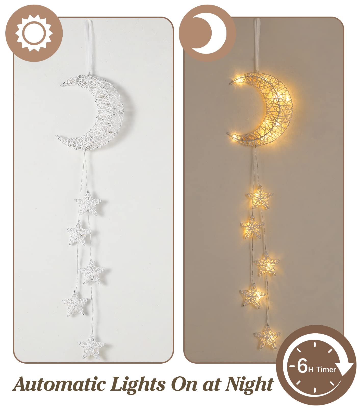 Lewondr Hanging Light,Rattan Moon Star Fairy Lights Indoor Decorative Lights Window Light Easy Operated Star Lights for Children's Room Bedroom Party Ramadan Decoration with Timer Fuction,White