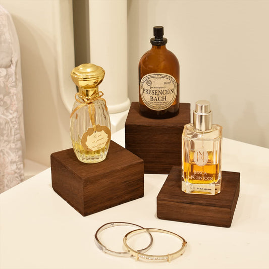 MOOCA Customizable Wooden Display Risers Set - 3 Different Height Stands for Jewelry, Watches, Cosmetics, and Accessory, Brown Color