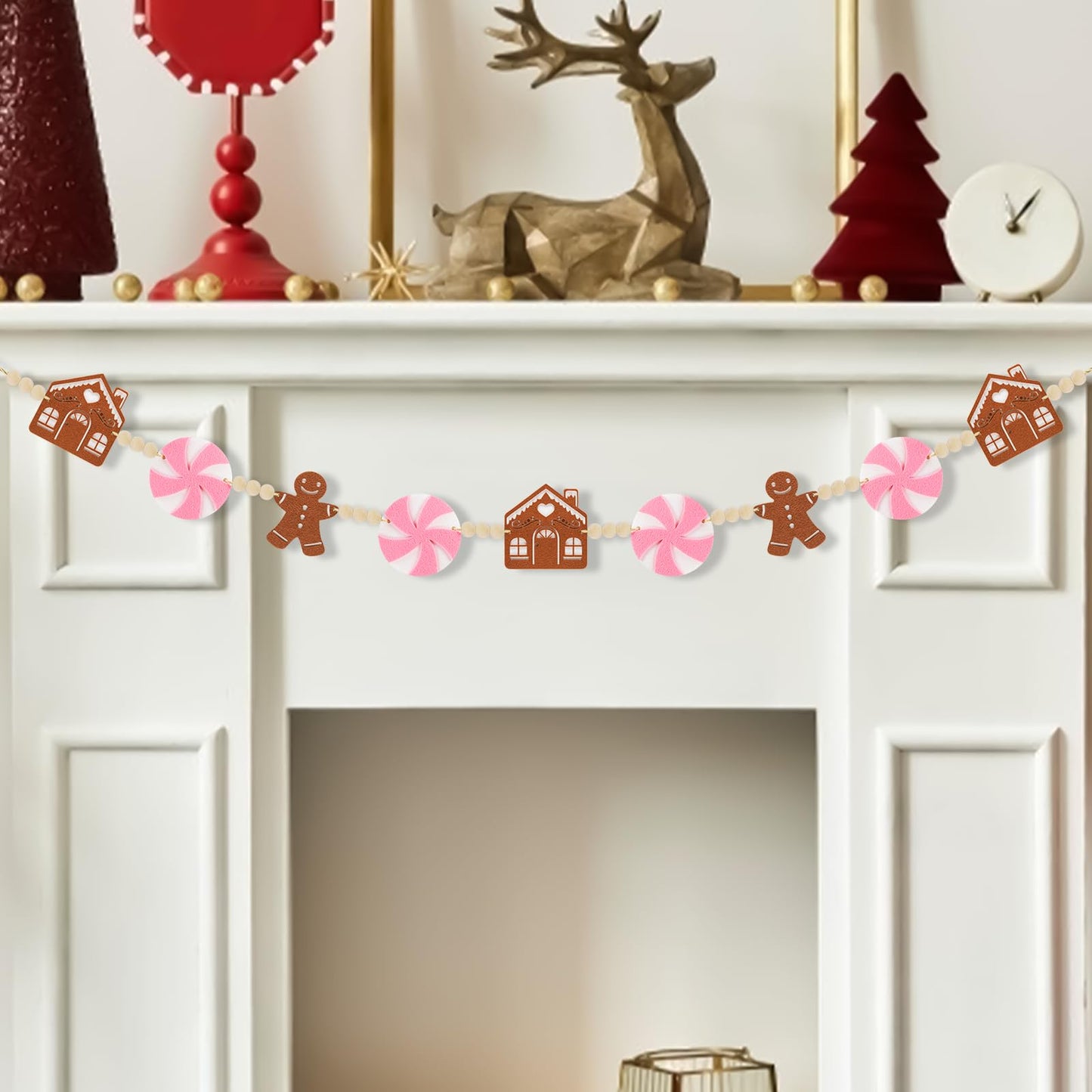 KnomeKo 6Ft Pink Christmas Garland - Pink Candyland Christmas Ornaments Felt Gingerbread House with Wood Beads - Christmas Gingerbread Decor for Mantle, Wall, Tree, Indoor