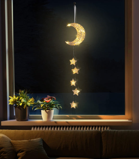 Lewondr Hanging Light,Rattan Moon Star Fairy Lights Indoor Decorative Lights Window Light Easy Operated Star Lights for Children's Room Bedroom Party Ramadan Decoration with Timer Fuction,White