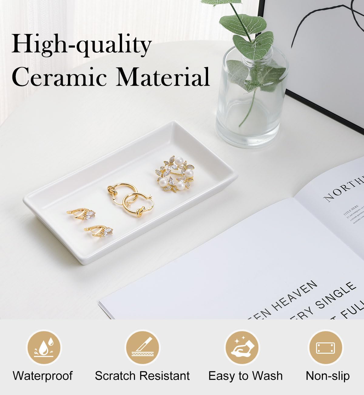 Emibele Jewelry Tray, Small Rectangle Ceramic Vanity Tray Jewelry Dish, Trinket Perfume Tray for Cosmetics, Rings, Bathroom Kitchen Soap, White
