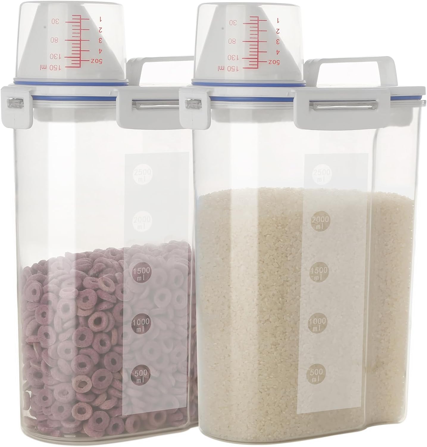 jioko 2 Pcs 5.5 LB Rice Storage Container, Airtight Cereal Flour Dispenser with Pouring Spout & Measuring Cup, Kitchen Plastic Clear Dry Food Storage Bin for Grain Oatmeal Snacks Pet Dog Food