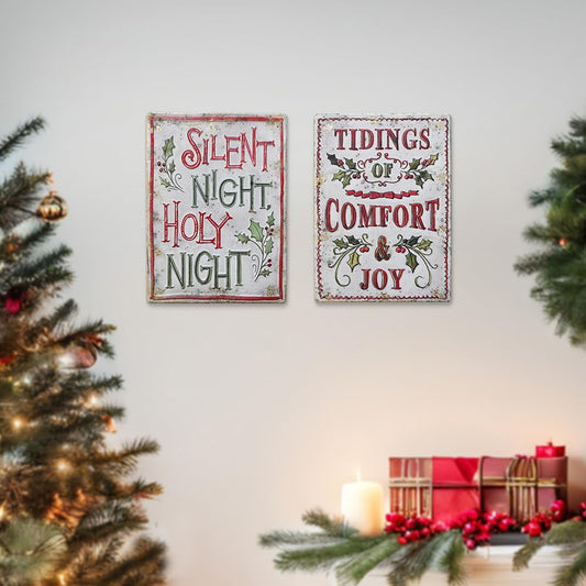 Quorvynne 2 Pack 10.12 * 14.05 inches Christmas Metal Wall Plaques, Vintage Red Holiday Hanging Signs with“Silent Night Holy Night”&“Tidings Comfort Joy”for Home Decor(Red)